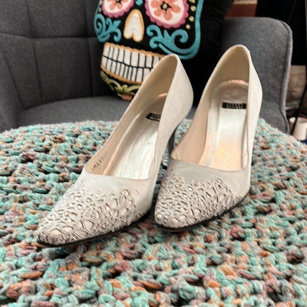 Stuart weitzman size 8 1/2B. Lace and beaded details at toe.  Silver metallic.